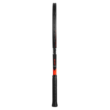 The Prince Beast Power 285g Tennis Racket by Prince is shown from the side, featuring a black and red design, slim frame, black grip, and displayed isolated on a white background.