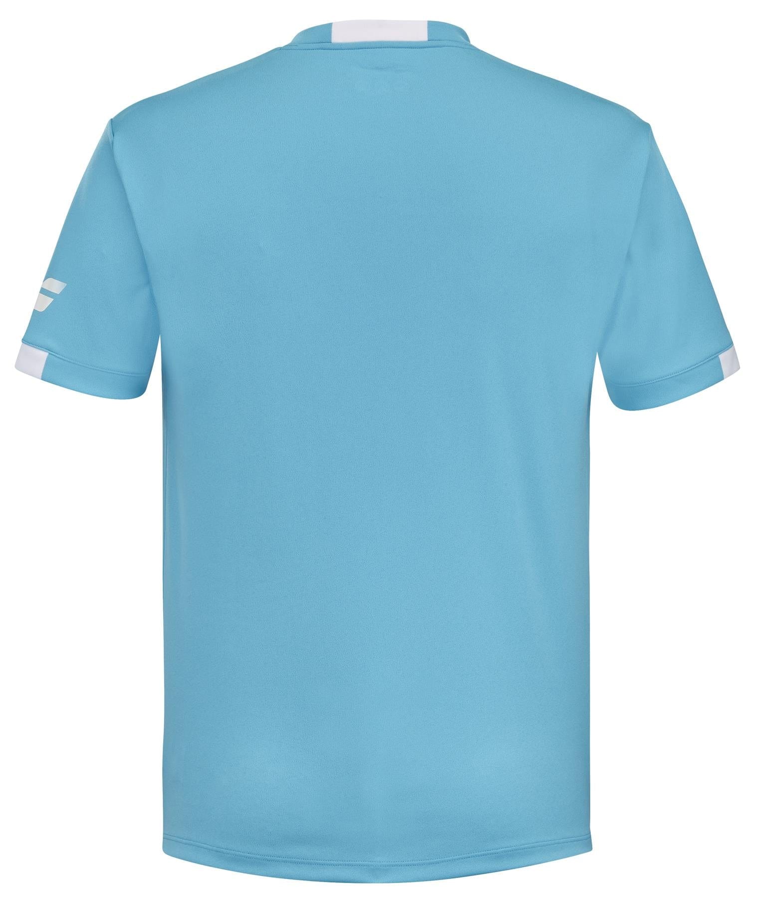 Introducing the Babolat Play Men's Crew Neck Tennis T-Shirt in Cyan Blue, featuring short sleeves with crisp white accents. Crafted with Babolat Play technology and Fiber Dry material, this jersey combines comfort with performance. The back showcases a sleek, logo-free design for a timeless look.