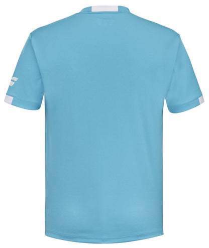 Introducing the Babolat Play Men's Crew Neck Tennis T-Shirt in Cyan Blue, featuring short sleeves with crisp white accents. Crafted with Babolat Play technology and Fiber Dry material, this jersey combines comfort with performance. The back showcases a sleek, logo-free design for a timeless look.