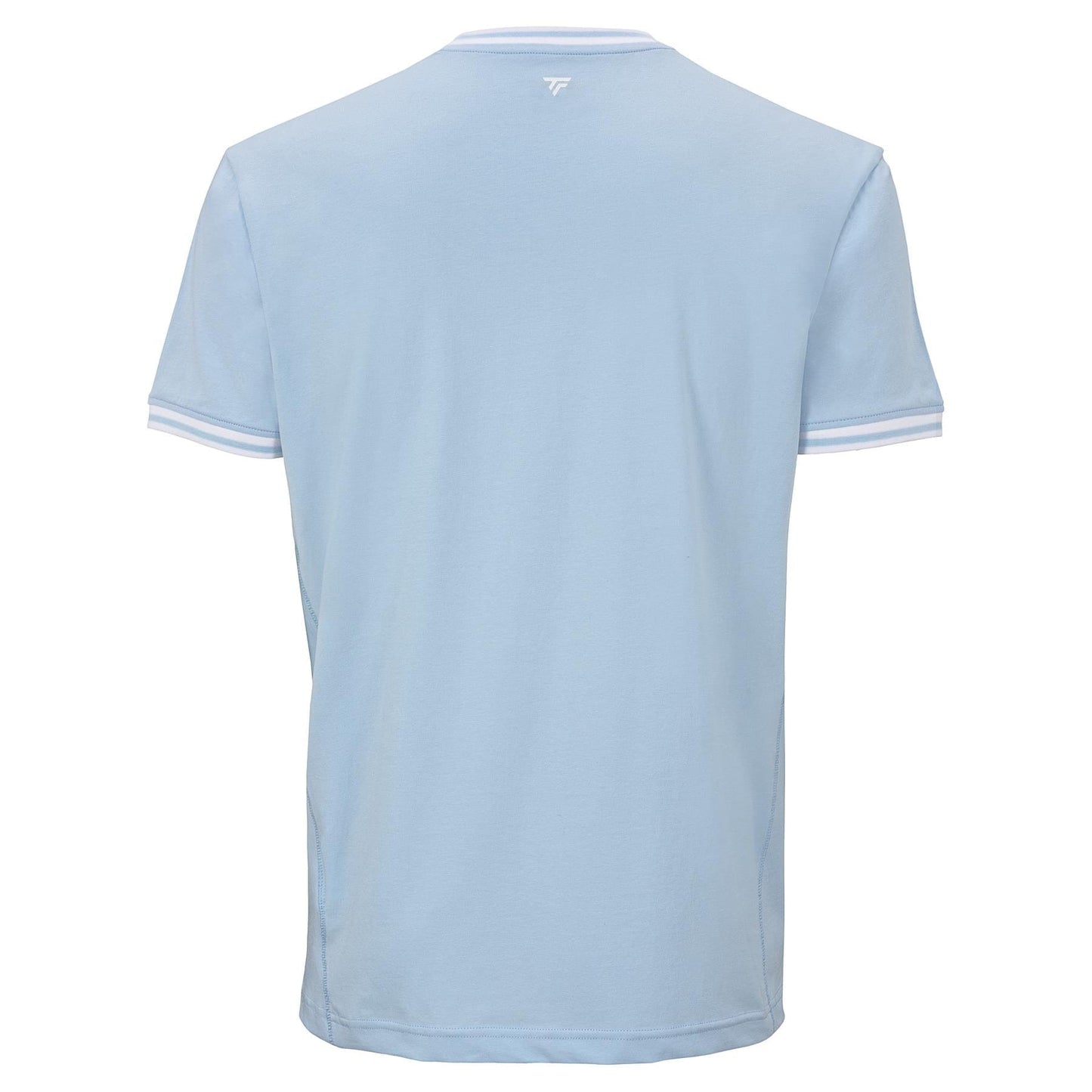 A glacier blue Tecnifibre Team Stretch Men's Tennis T-Shirt is shown from the back, featuring white sleeve cuff stripes and a small white logo near the neck.