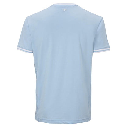 A glacier blue Tecnifibre Team Stretch Men's Tennis T-Shirt is shown from the back, featuring white sleeve cuff stripes and a small white logo near the neck.