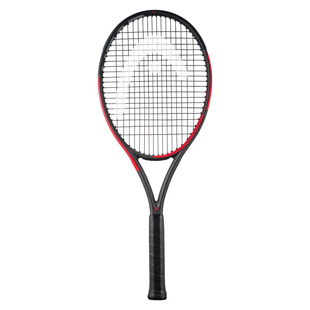The HEAD IG Challenge MP Tennis Racket - Red, designed by HEAD, is displayed against a white background. This racket features a patterned string face and its frame is crafted with Graphite Composition to present a sleek design. Enhanced performance is achieved through the incorporation of Innegra™ technology, and it comes with a black grip handle.