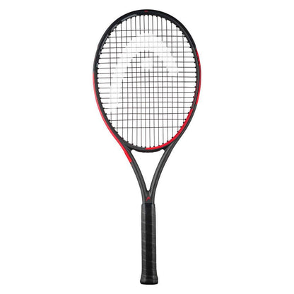 The HEAD IG Challenge MP Tennis Racket - Red, designed by HEAD, is displayed against a white background. This racket features a patterned string face and its frame is crafted with Graphite Composition to present a sleek design. Enhanced performance is achieved through the incorporation of Innegra™ technology, and it comes with a black grip handle.