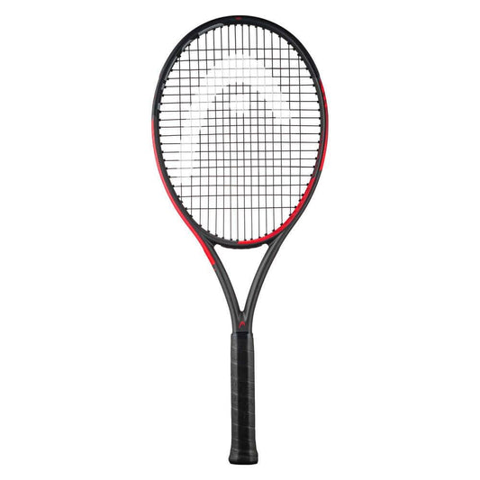 The HEAD IG Challenge MP Tennis Racket - Red, designed by HEAD, is displayed against a white background. This racket features a patterned string face and its frame is crafted with Graphite Composition to present a sleek design. Enhanced performance is achieved through the incorporation of Innegra™ technology, and it comes with a black grip handle.