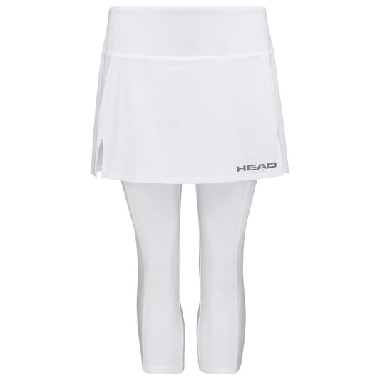 The HEAD Womens Club 3/4 Tights Tennis Skort - White includes a white skort with built-in capri leggings and a small side slit, enhanced with Moisture Transfer Microfibre Technology. The brand "HEAD" is displayed in gray on the lower front.