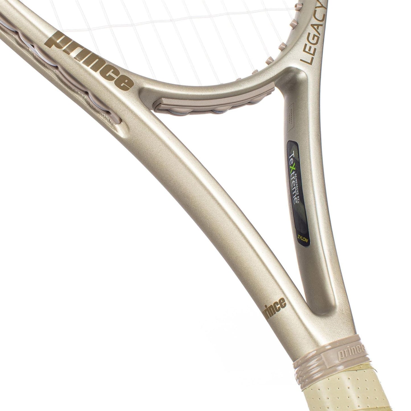 Close-up of the Prince O3 Legacy 105 2025 Tennis Racket by Prince, showcasing its gold frame, strings, and branded handle accents. Features TeXtreme technology for enhanced stability and a large sweetspot for powerful play.