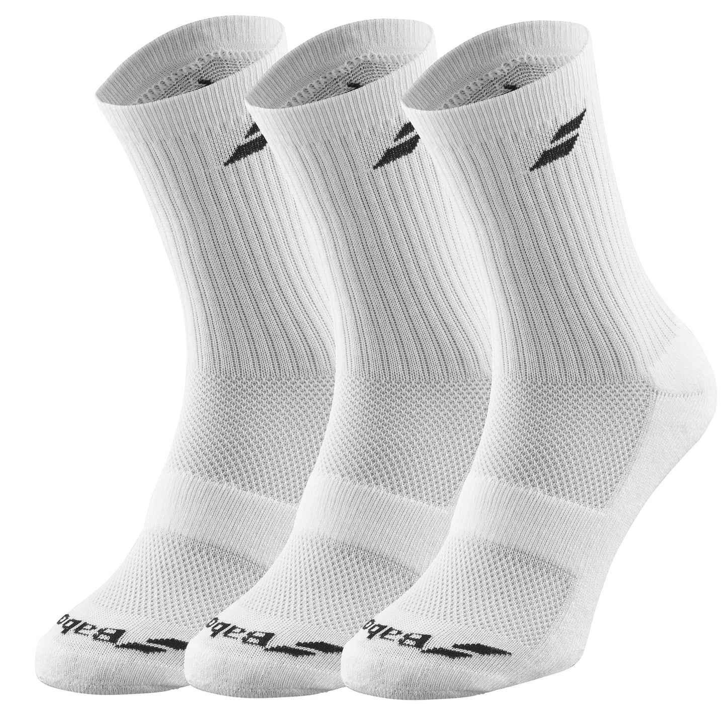 The Babolat Long 3 Pack Tennis Socks in white features three pairs, each with ribbed cuffs and a black Babolat logo design at the top. These socks are designed to provide comfort and support, featuring reinforced heels and toes for enhanced durability while ensuring breathability throughout.