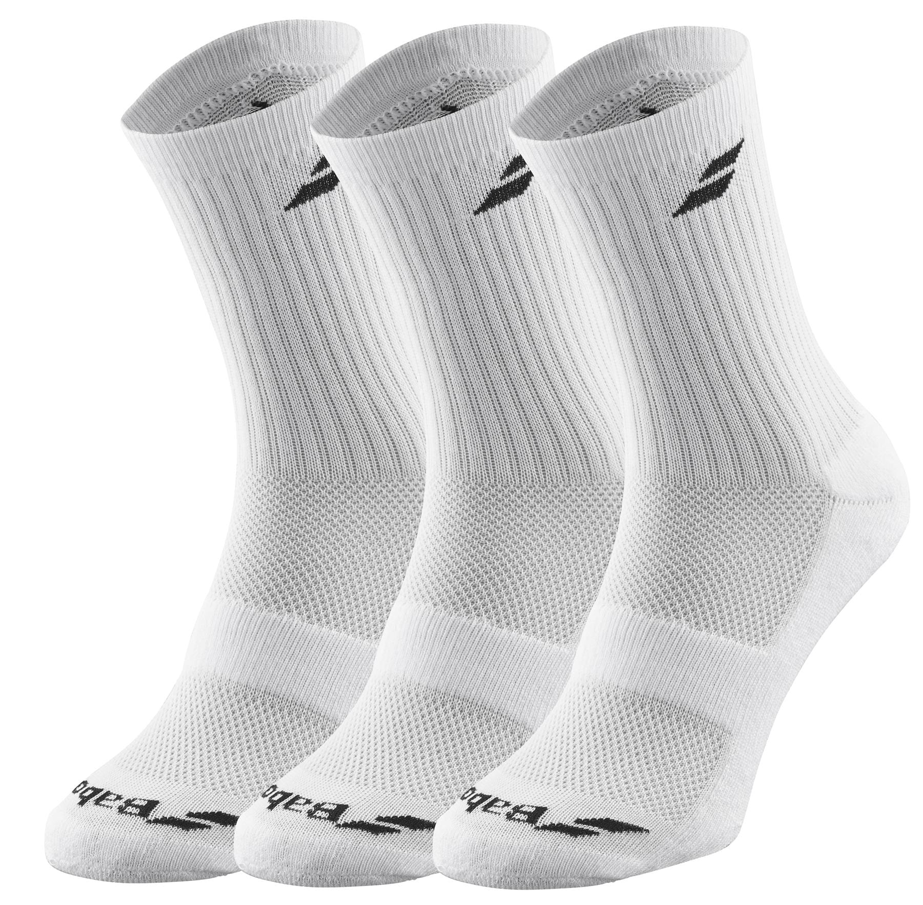 The Babolat Long 3 Pack Tennis Socks in white features three pairs, each with ribbed cuffs and a black Babolat logo design at the top. These socks are designed to provide comfort and support, featuring reinforced heels and toes for enhanced durability while ensuring breathability throughout.
