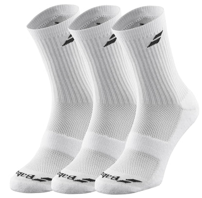 The Babolat Long 3 Pack Tennis Socks in white features three pairs, each with ribbed cuffs and a black Babolat logo design at the top. These socks are designed to provide comfort and support, featuring reinforced heels and toes for enhanced durability while ensuring breathability throughout.