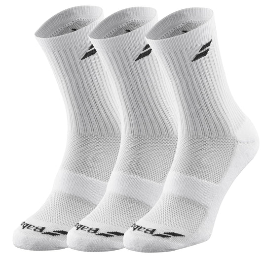 The Babolat Long 3 Pack Tennis Socks in white features three pairs, each with ribbed cuffs and a black Babolat logo design at the top. These socks are designed to provide comfort and support, featuring reinforced heels and toes for enhanced durability while ensuring breathability throughout.
