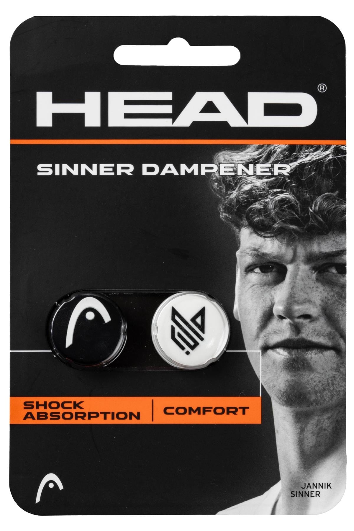 Retail package for HEAD Jannik Sinner Tennis Dampener by HEAD includes two dampeners (black & white) with a monochrome photo of Jannik Sinner. Ideal for HEAD Speed rackets, highlighting "Shock Absorption" and "Comfort.