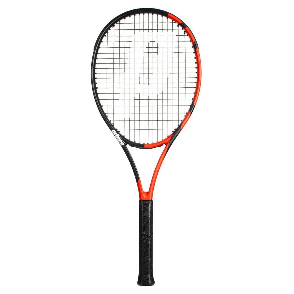 The Prince Beast Power 300g Tennis Racket by Prince features a black and red design with a black grip and a large white "P" logo on the strings, engineered for powerful performance on the court.