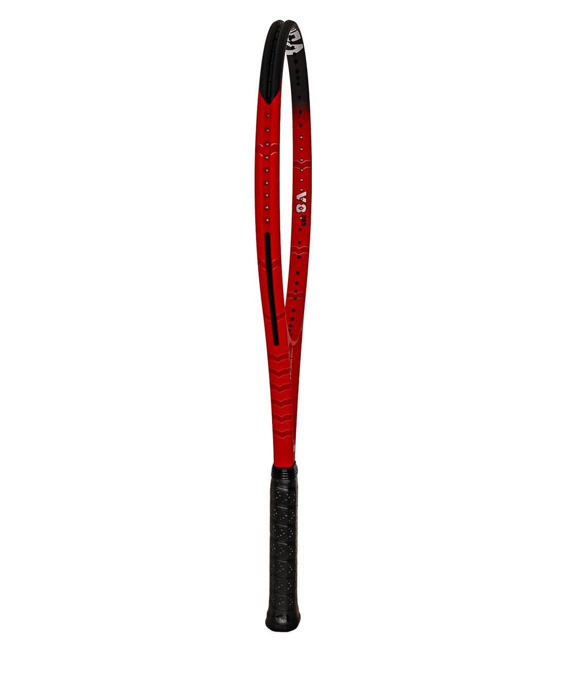 The Volkl Vostra V8 285g tennis racket stands upright against a white background, highlighting its eye-catching red frame with black accents. Wrapped in black grip material, the handle enhances the catapult effect, ensuring powerful swings on the court.