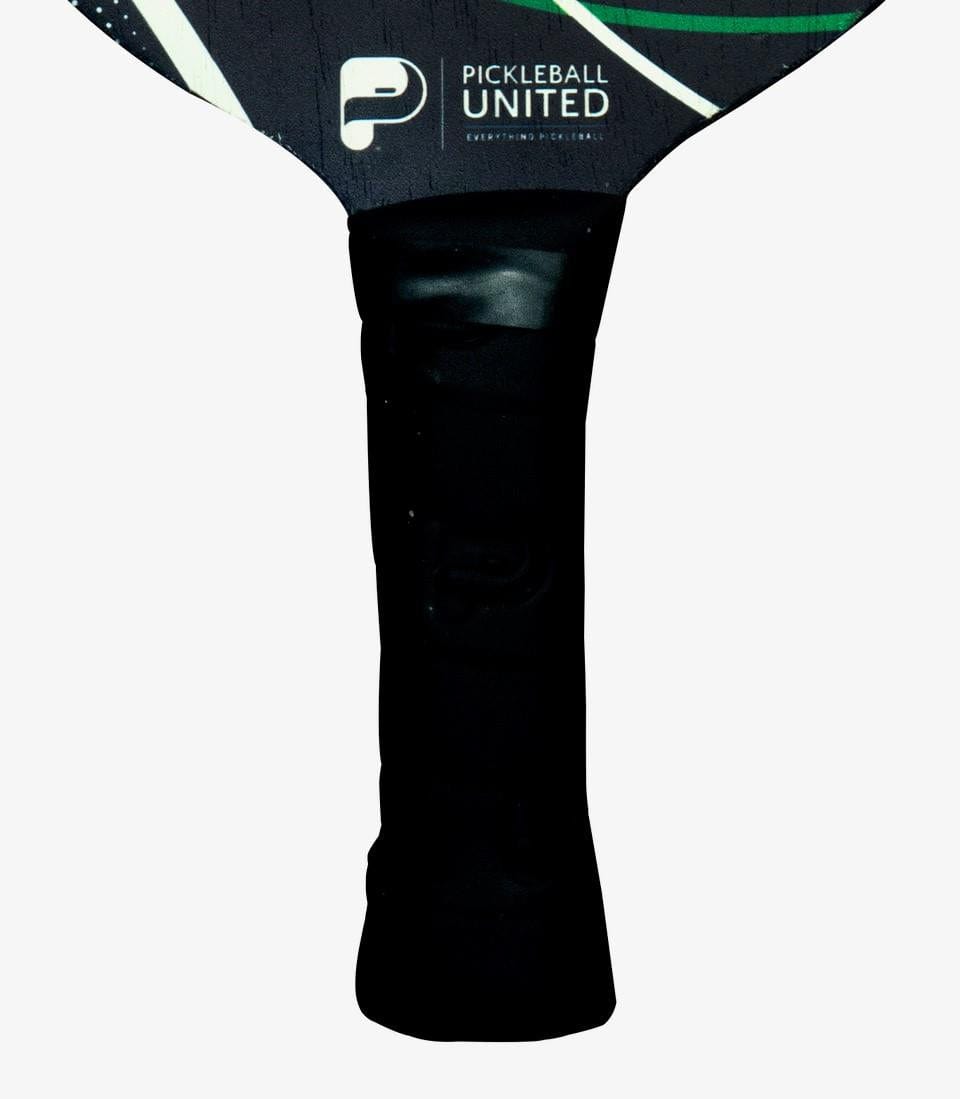 Close-up of the Pickleball United Power Drive Pickleball Paddle handle with a black grip. The upper part displays the Pickleball United logo and text, all set against a white background.
