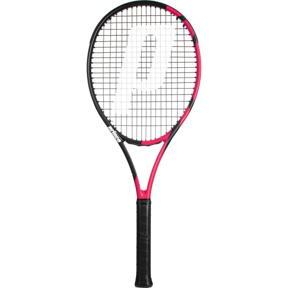 The Prince Beast Power 270g Tennis Racket by Prince features a black and pink frame, black strings with a large white "P" logo, and a black grip—an ideal graphite racket for beginners.
