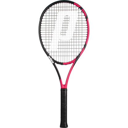 The Prince Beast Power 270g Tennis Racket by Prince features a black and pink frame, black strings with a large white "P" logo, and a black grip—an ideal graphite racket for beginners.