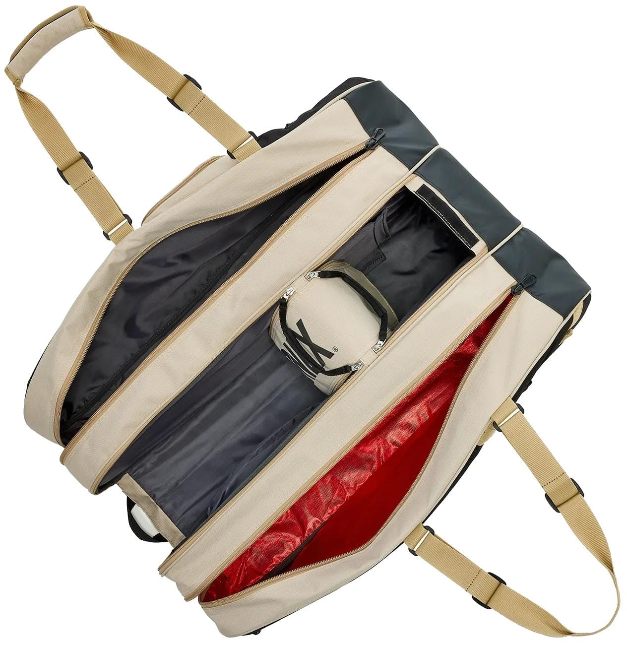 The Yonex BA726212EX Gearlogic 12 Racket Tennis Bag in beige is open, showing its red-lined compartment and a pair of shoes stored separately.