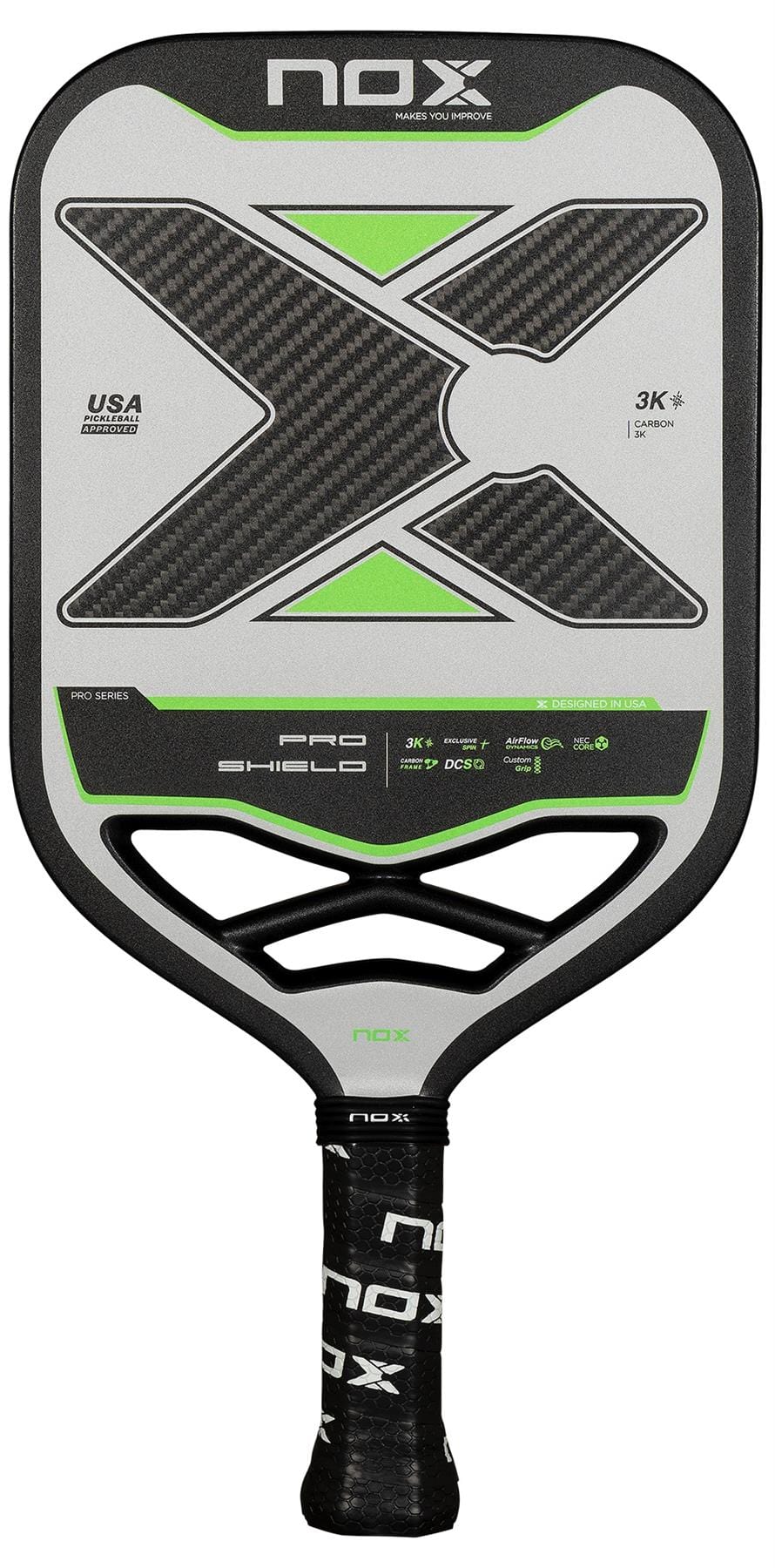 The NOX Pro Shield Pickleball Paddle by NOX features a large black and green "X" on its gray face, a black handle with grip tape, and advanced spin technology for improved performance.