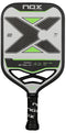 The NOX Pro Shield Pickleball Paddle by NOX features a large black and green "X" on its gray face, a black handle with grip tape, and advanced spin technology for improved performance.