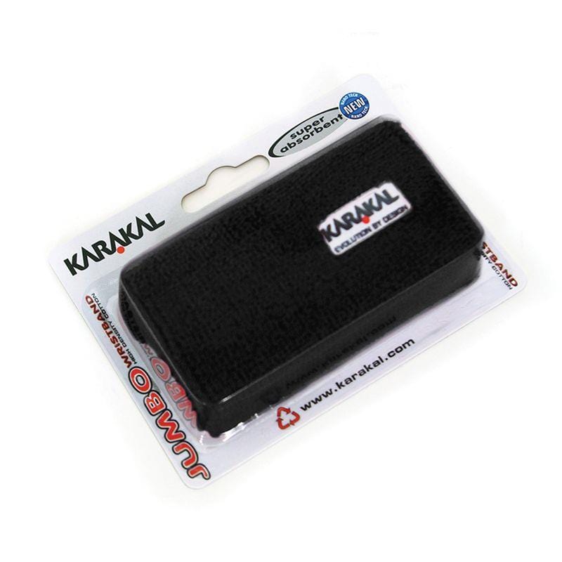 A twin pack of Karakal Jumbo Tennis Wrist Bands, described as "super absorbent," is ideal for tennis enthusiasts. The packaging showcases the Karakal brand logo, and inside the clear plastic cover, the black wristbands are neatly folded.