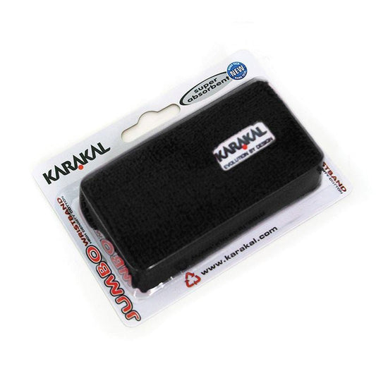 A twin pack of Karakal Jumbo Tennis Wrist Bands, described as "super absorbent," is ideal for tennis enthusiasts. The packaging showcases the Karakal brand logo, and inside the clear plastic cover, the black wristbands are neatly folded.