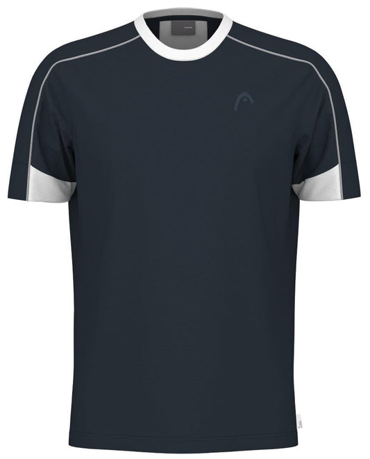The HEAD Play Tech Men's Tennis T-Shirt in navy features breathable mesh inserts for comfort, subtle piping on the shoulders, and a small logo on the front, with white accents on the sleeves and collar.