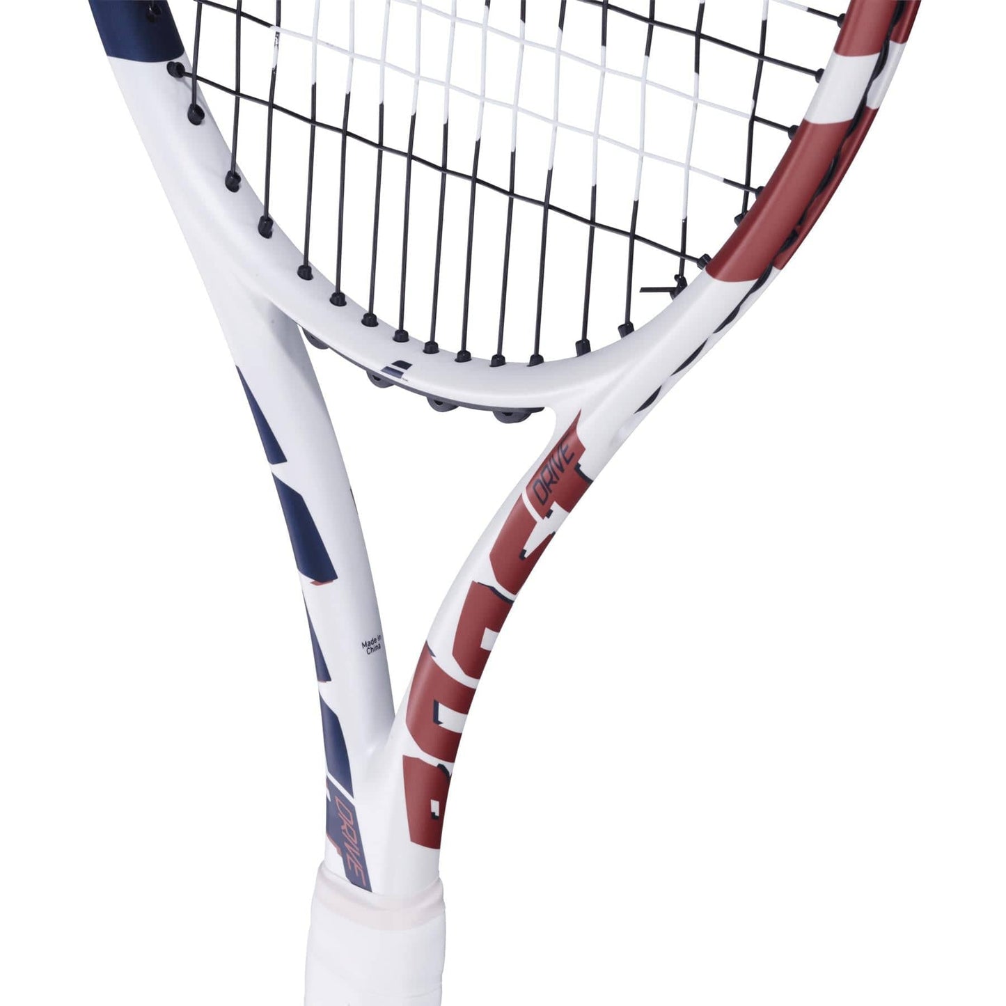 Close-up of the Babolat Boost Drive Tennis Racket by Babolat, featuring its forgiving 680cm² head, handle, throat, and part of the lightweight graphite strung frame against a white background.