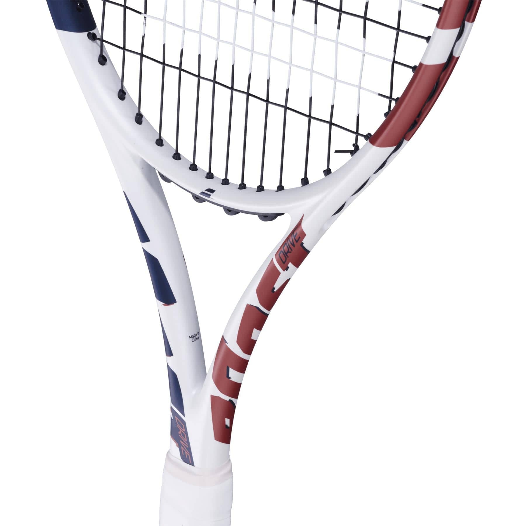 Close-up of the Babolat Boost Drive Tennis Racket by Babolat, featuring its forgiving 680cm² head, handle, throat, and part of the lightweight graphite strung frame against a white background.