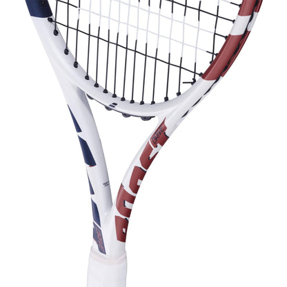 Close-up of the Babolat Boost Drive Tennis Racket by Babolat, featuring its forgiving 680cm² head, handle, throat, and part of the lightweight graphite strung frame against a white background.