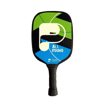 The Pickleball United Education 6 Player Outdoor Pickleball Set features paddles with black grips, a bold green, blue, and white design with "ALL ROUND" on the face—ideal for outdoor play with your favorite Pickleball United gear.