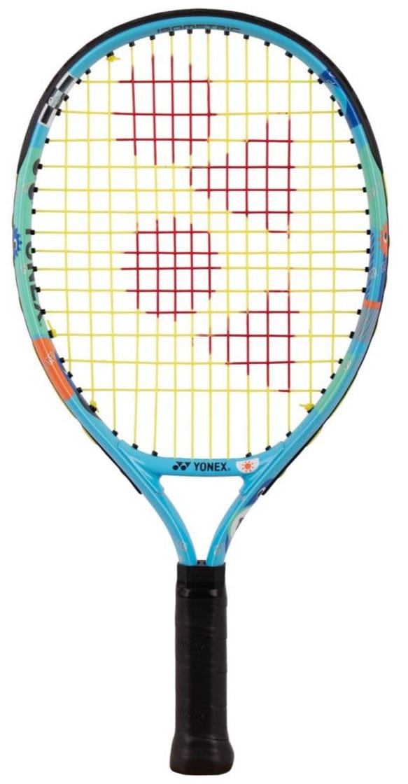 The Yonex Junior 17 Ocean Blue Tennis Racket features a blue and black frame, yellow strings with a red pattern, and is ideal for kids starting tennis.