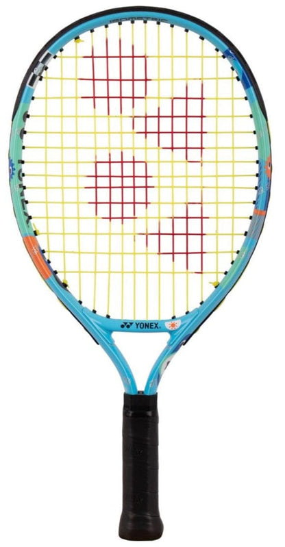 The Yonex Junior 17 Ocean Blue Tennis Racket features a blue and black frame, yellow strings with a red pattern, and is ideal for kids starting tennis.