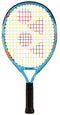 The Yonex Junior 17 Ocean Blue Tennis Racket features a blue and black frame, yellow strings with a red pattern, and is ideal for kids starting tennis.