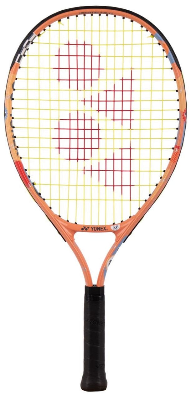 The Yonex Junior 21 Coral Orange Tennis Racket features a black handle, yellow strings, and a red Yonex logo on the head—perfect as a kids tennis racket for young players starting out.