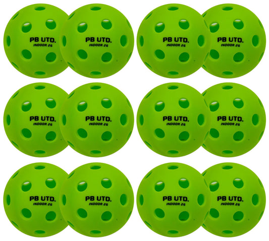 Twelve Pickleball United Freedom 26 Indoor Pickleball Balls in green, made of durable TPU with evenly spaced holes and “PB UTD. INDOOR 26” in black, are neatly arranged in a grid pattern.