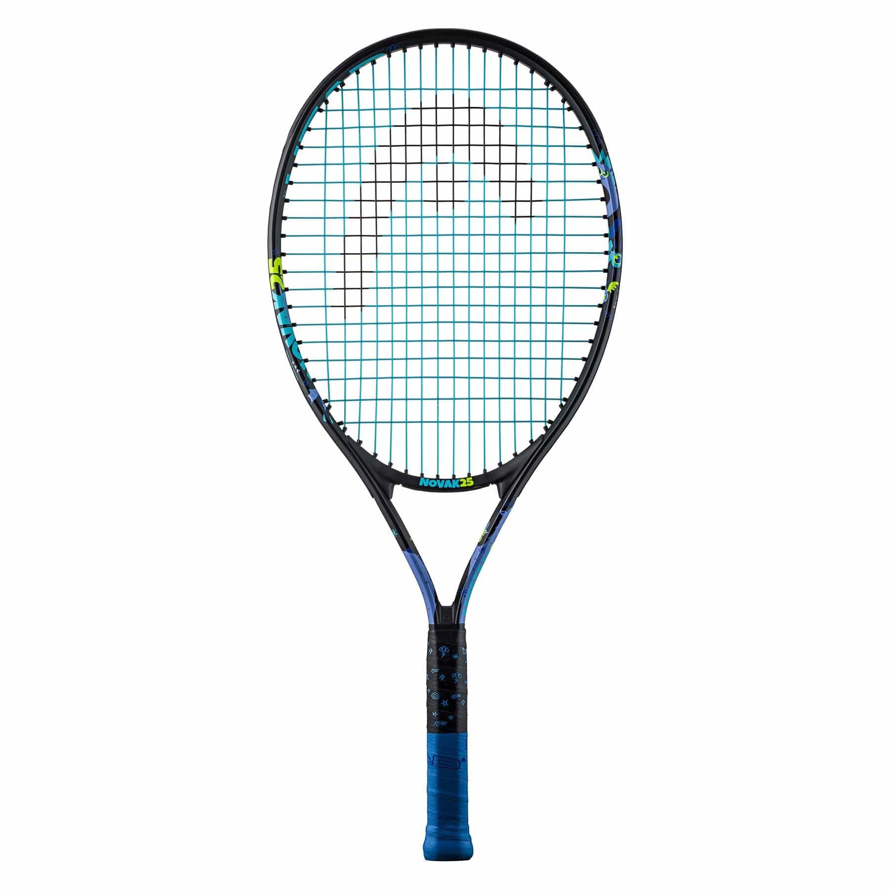 The HEAD Novak 25 Junior Tennis Racket showcases a black frame accented with blue and features the branded logo on the strings. With an added Damp+ insert, the grip is wrapped in blue tape. The racket is shown upright against a white background, reflecting Novak Djokovic's signature style.