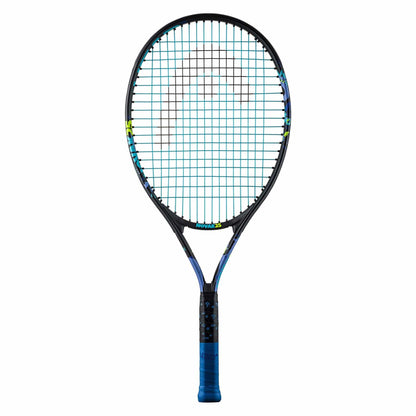 The HEAD Novak 25 Junior Tennis Racket showcases a black frame accented with blue and features the branded logo on the strings. With an added Damp+ insert, the grip is wrapped in blue tape. The racket is shown upright against a white background, reflecting Novak Djokovic's signature style.