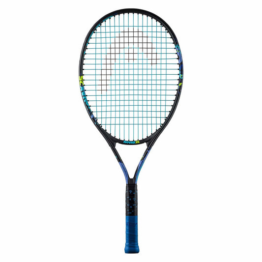The HEAD Novak 25 Junior Tennis Racket showcases a black frame accented with blue and features the branded logo on the strings. With an added Damp+ insert, the grip is wrapped in blue tape. The racket is shown upright against a white background, reflecting Novak Djokovic's signature style.