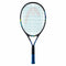 The HEAD Novak 25 Junior Tennis Racket showcases a black frame accented with blue and features the branded logo on the strings. With an added Damp+ insert, the grip is wrapped in blue tape. The racket is shown upright against a white background, reflecting Novak Djokovic's signature style.