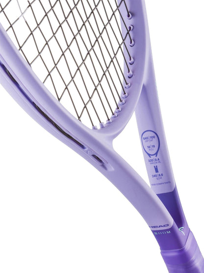 Close-up of the HEAD Boom Jr 26 Alternate 2026 Junior Tennis Racket in purple, highlighting its strings, frame, and technical specs inside the throat, and featuring advanced Hy-Bor technology.