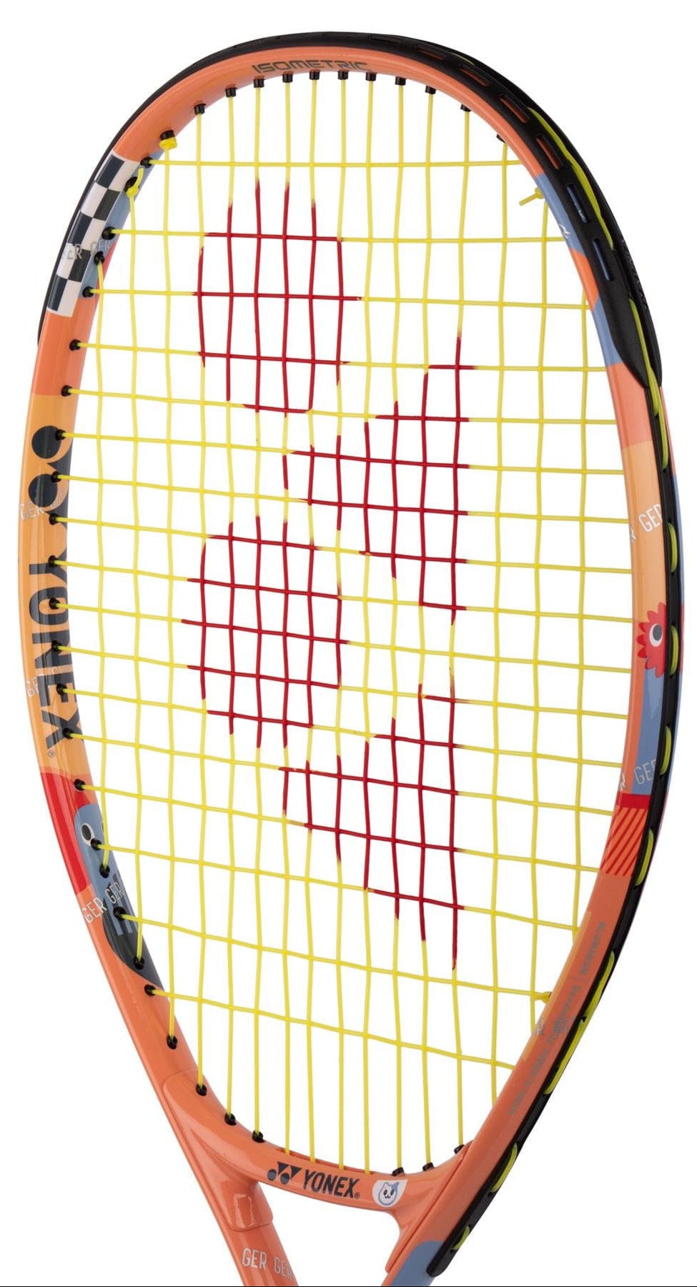 The Yonex Junior 23 Coral Orange Tennis Racket by Yonex features a bright design with a yellow string bed, red Yonex logo, and playful cartoon graphics—making it an ideal kids’ tennis racket.