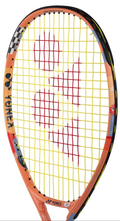 The Yonex Junior 23 Coral Orange Tennis Racket by Yonex features a bright design with a yellow string bed, red Yonex logo, and playful cartoon graphics—making it an ideal kids’ tennis racket.