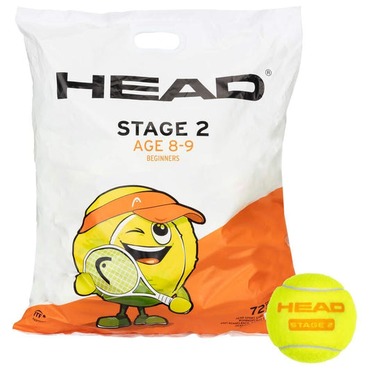 A package labeled "Stage 2" for ages 8-9 showcases a cartoon tennis ball character with a racket and an orange cap. Alongside it is a yellow pressureless HEAD TIP Tennis Ball, ideal for young players participating in any tennis instruction program.