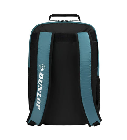 The Dunlop SX Club Tennis Backpack in teal, black, and yellow features padded, adjustable shoulder straps, a top handle, a side pocket, and the word "Dunlop" in white on one strap. Its rectangular shape and minimalist design offer on-the-go convenience.