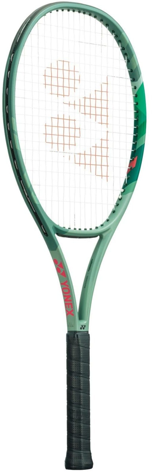 The Yonex Percept 100D Tennis Racket (Frame Only) in olive green features a sleek black grip and is adorned with a red logo on the strings. Designed to enhance power and control, the "Yonex" brand name is prominently displayed along the side of this precision-crafted racquet.
