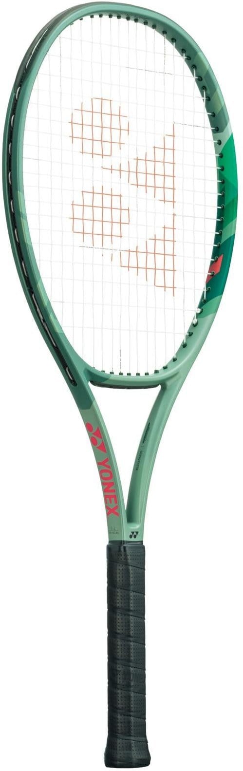 The Yonex Percept 97D Tennis Racket (Frame Only) in Olive Green is designed for control, featuring a green frame with black grip and red accents. Its strings form an abstract pattern, making it ideal for advanced players seeking precision on the court.