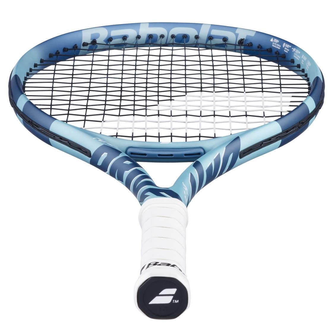 The Babolat Pure Drive Junior 26 Gen 11 Tennis Racket features a blue and light blue design with a white grip and black strings—perfect for advanced young players who want a premium racket from Babolat.