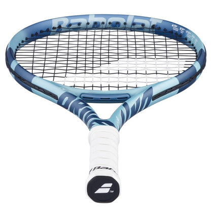 The Babolat Pure Drive Junior 26 Gen 11 Tennis Racket features a blue and light blue design with a white grip and black strings—perfect for advanced young players who want a premium racket from Babolat.