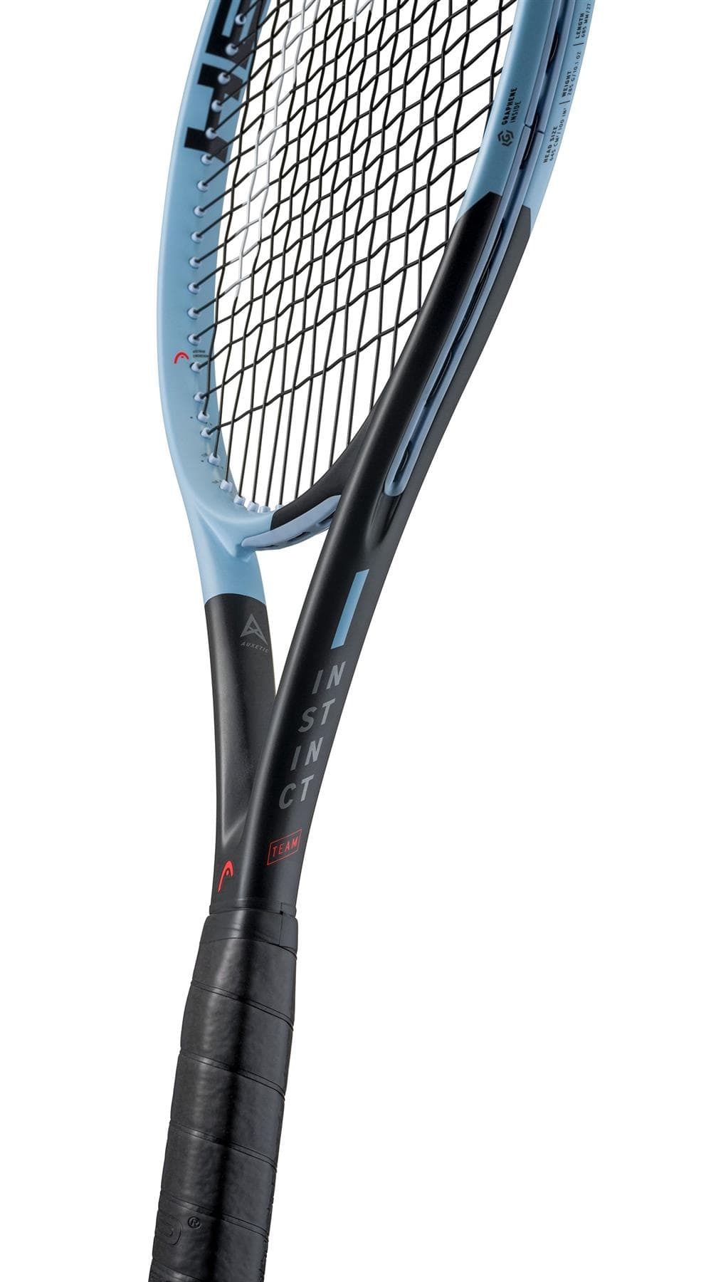 Close-up of the HEAD Instinct Team 2025 Tennis Racket, a lightweight HEAD racquet with a wrapped handle, "INSTINCT" on the throat, visible strings, and frame featuring Auxetic technology.