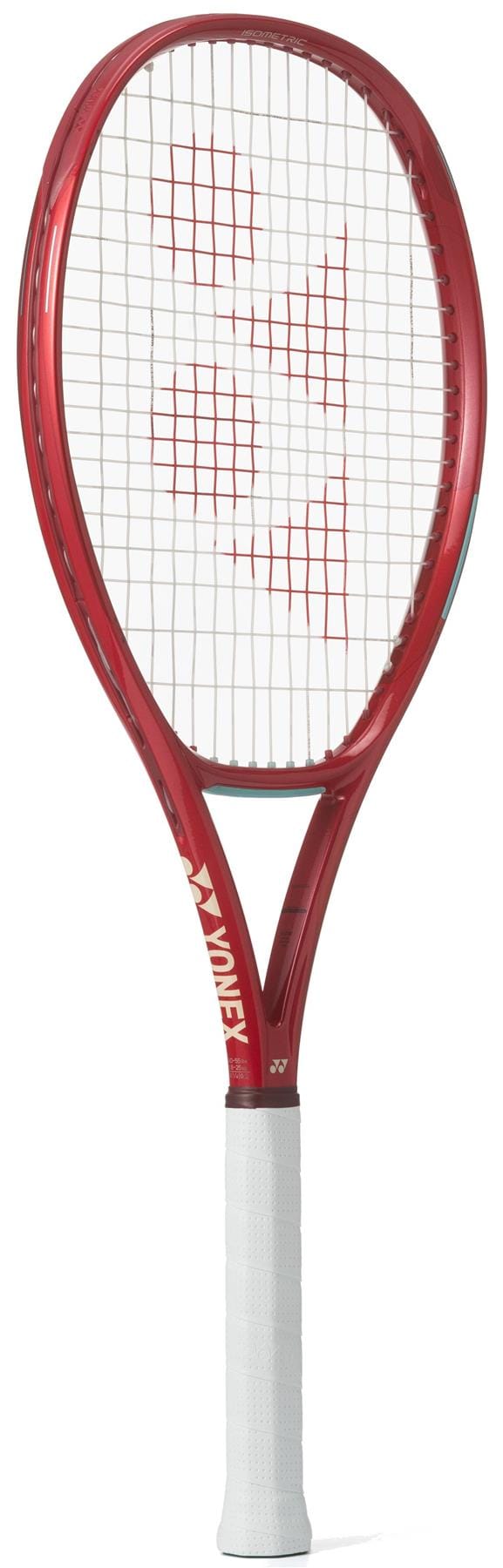 The Yonex VCORE 100L Ruby Red 2026 Tennis Racket features a striking red frame, white strings, and white grip, offering excellent spin potential on every shot.